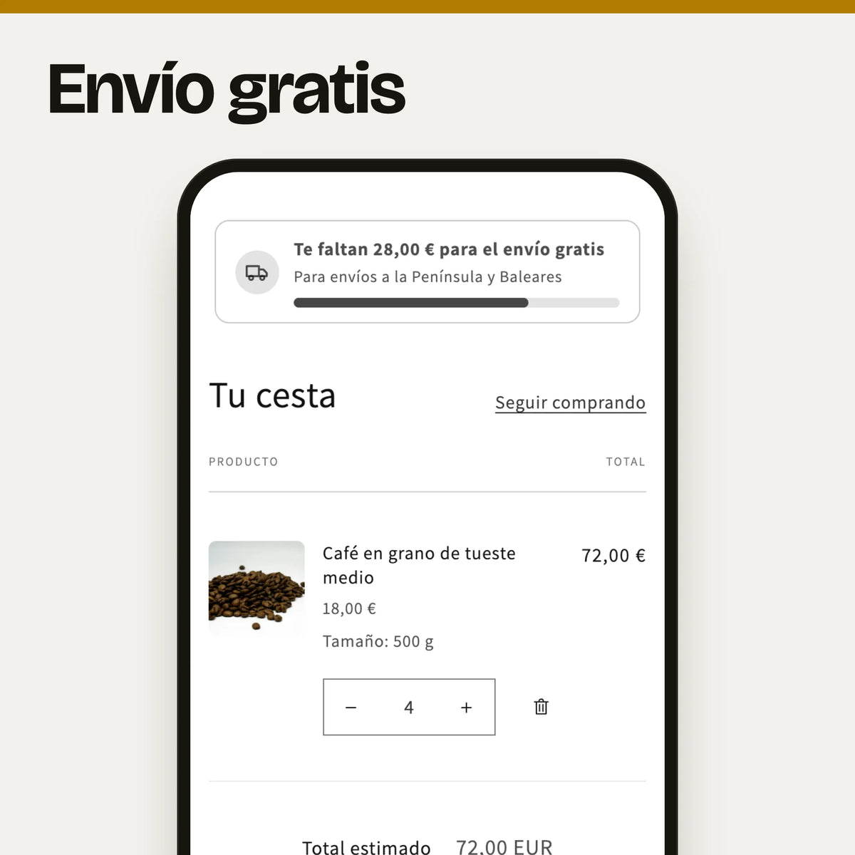 Sección de envío gratis en un móvil: captura real en el tema Dawn de la cesta con la barra «Te faltan 28,00 € para el envío gratis» encima de los productos, con la barra de progreso casi llena y la línea «Para envíos a la Península y Baleares», con datos de ejemplo.