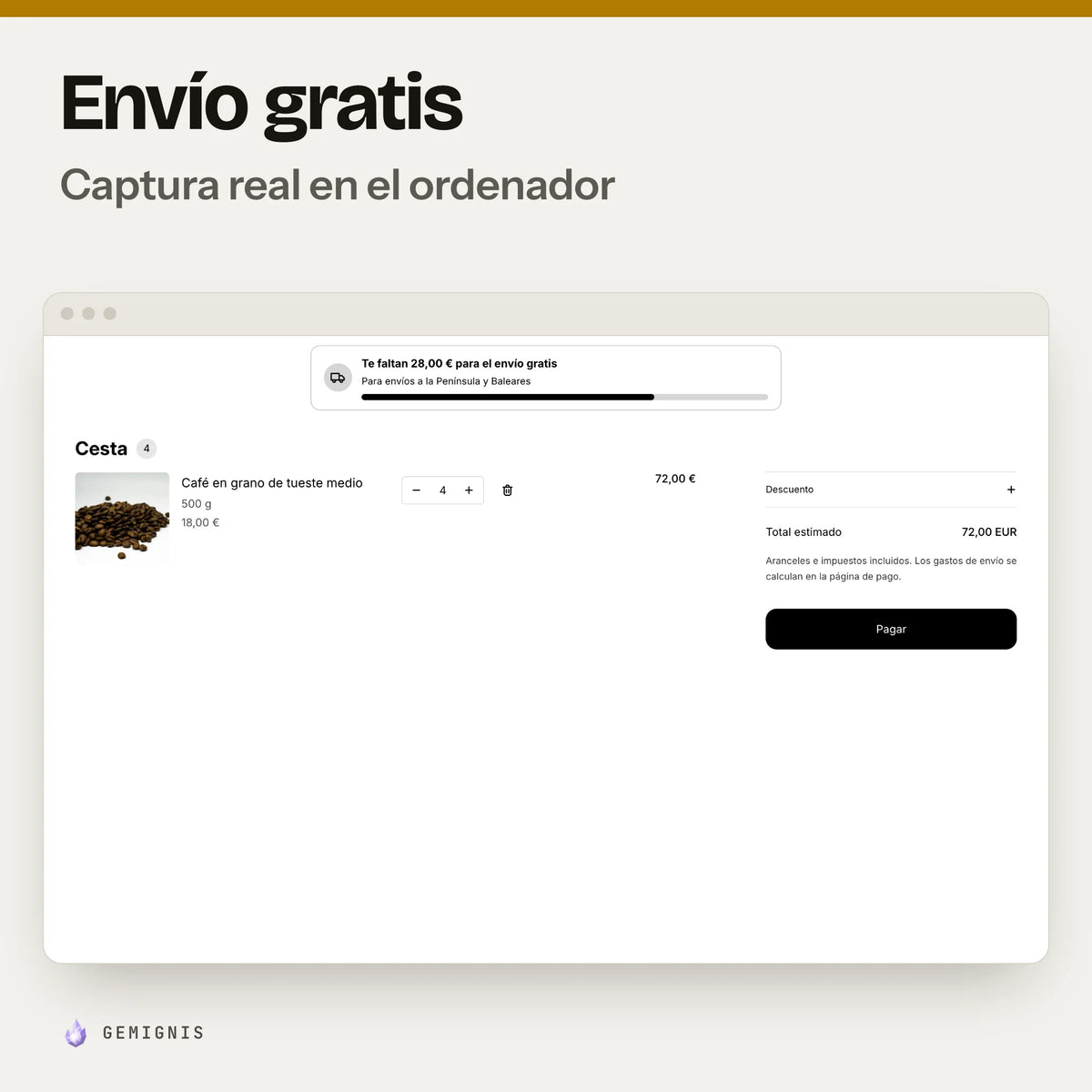Sección de envío gratis en el ordenador: captura real en el tema Horizon a 1280 px de la cesta con la barra de lo que falta para el envío gratis encima de los productos y del total, con datos de ejemplo.