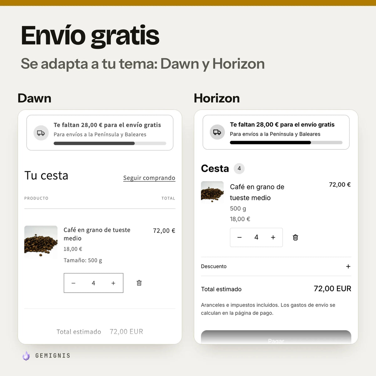 La misma barra de envío gratis en los temas Dawn y Horizon, una al lado de la otra: capturas reales en móvil de la cesta, que toman los colores y las letras de cada tema.