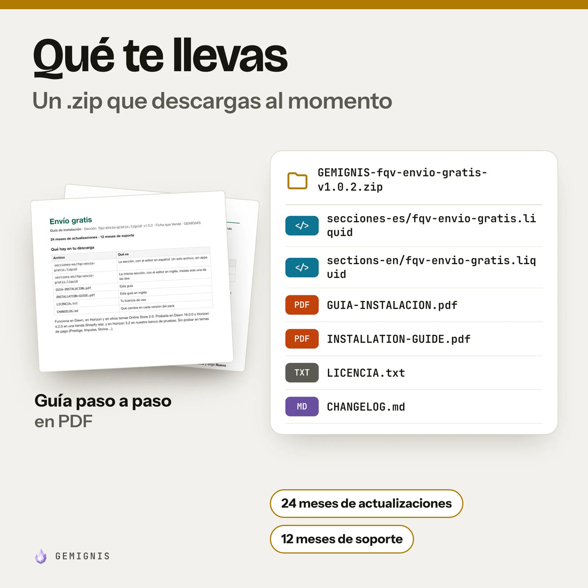 Qué te llevas con sección de barra de envío gratis: un .zip que descargas al momento con secciones-es/fqv-envio-gratis.liquid, sections-en/fqv-envio-gratis.liquid, GUIA-INSTALACION.pdf, INSTALLATION-GUIDE.pdf, LICENCIA.txt, CHANGELOG.md; delante, la portada real de la guía de instalación en PDF. 24 meses de actualizaciones y 12 meses de soporte.