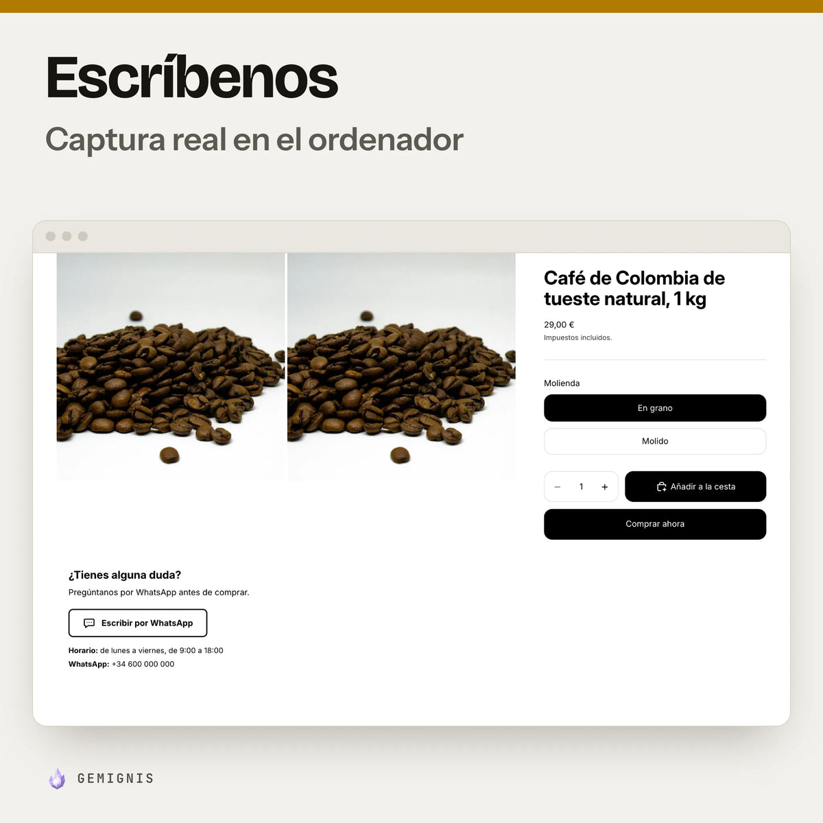 Sección «Escríbenos» en el ordenador: captura real en el tema Horizon a 1280 px de la página de producto con el botón para escribir por WhatsApp, el horario y un número de ejemplo debajo de la información del producto, con datos de ejemplo.