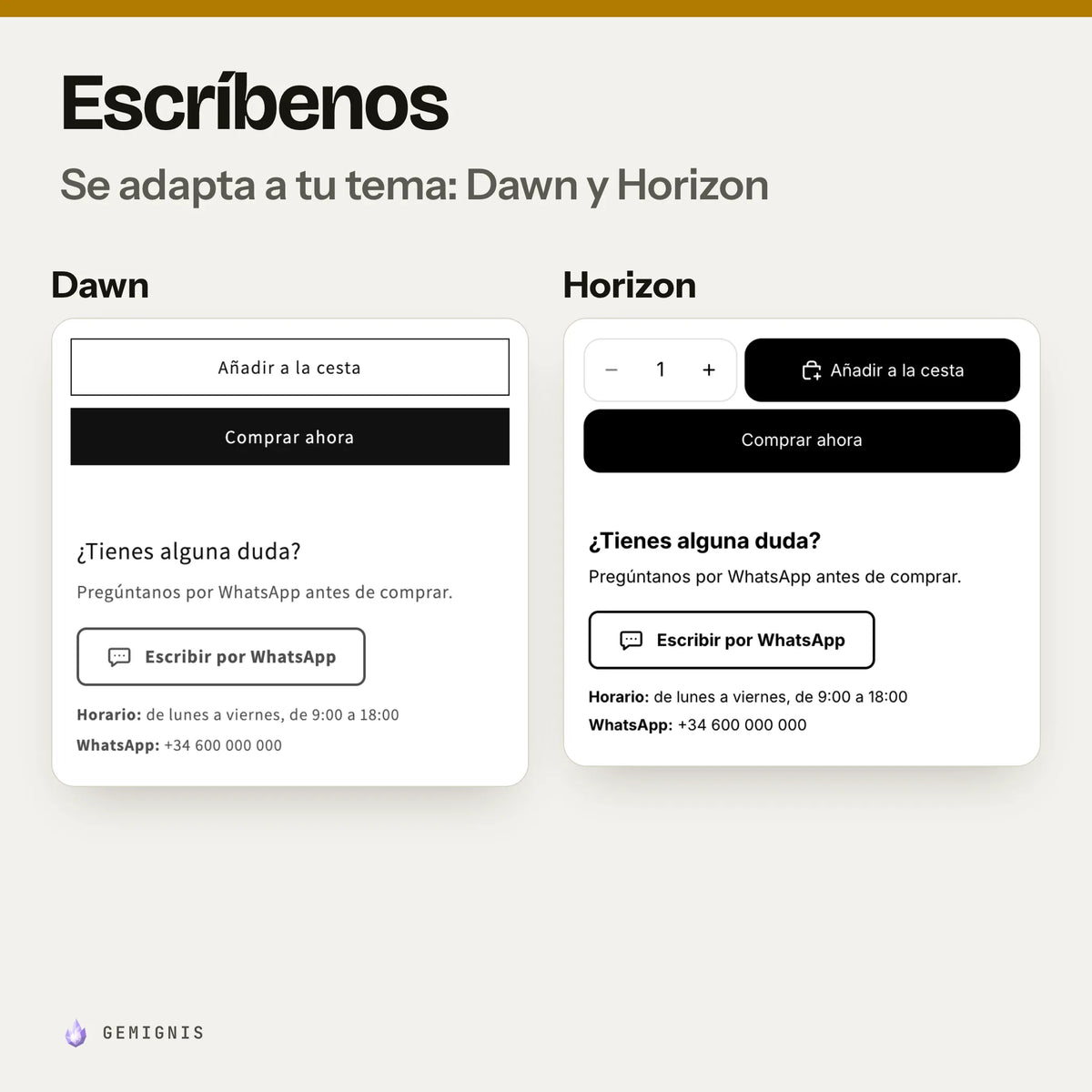 El mismo botón para escribir por WhatsApp en los temas Dawn y Horizon, uno al lado del otro: capturas reales en móvil que muestran cómo toma los colores y las letras de cada tema.