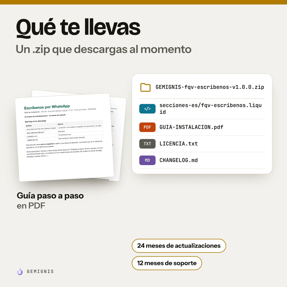 Qué te llevas con sección «Escríbenos» con botón a WhatsApp: un .zip que descargas al momento con secciones-es/fqv-escribenos.liquid, GUIA-INSTALACION.pdf, LICENCIA.txt, CHANGELOG.md; delante, la portada real de la guía de instalación en PDF. 24 meses de actualizaciones y 12 meses de soporte.