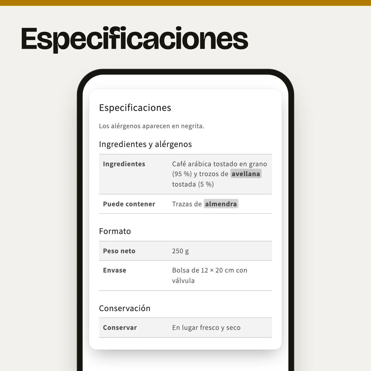 Sección de especificaciones en un móvil: captura real en el tema Dawn de la tabla por grupos de la página de producto (ingredientes y alérgenos, formato y conservación), con los alérgenos «avellana» y «almendra» en negrita y con fondo, y el aviso «Los alérgenos aparecen en negrita.», con datos de ejemplo.