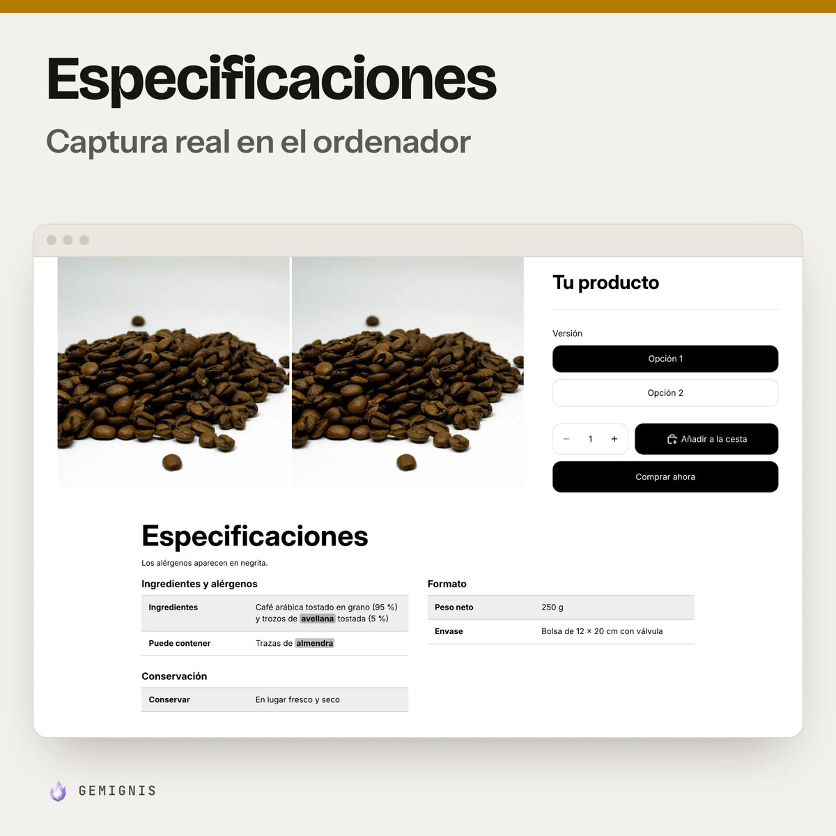 Sección de especificaciones en el ordenador: captura real en el tema Horizon a 1280 px de la página de producto con la tabla de especificaciones en dos columnas debajo del producto y los alérgenos resaltados, con datos de ejemplo.