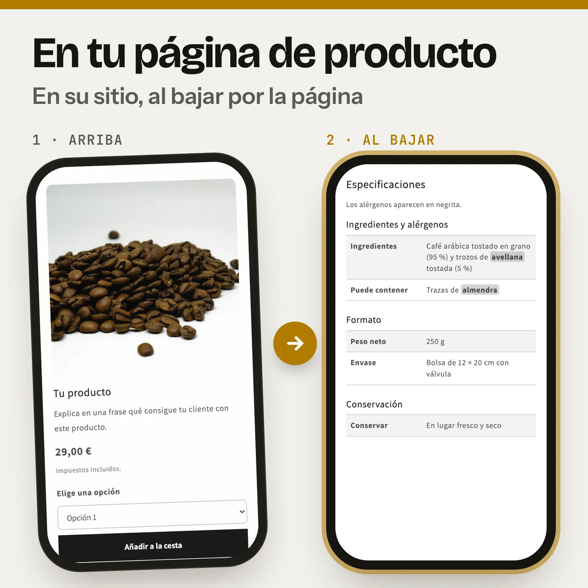 Sección de especificaciones e ingredientes en una página de producto, en el móvil: a la izquierda, la parte de arriba con la foto, el precio y el botón de compra (captura real de la Cabecera en Dawn, con foto y textos de ejemplo); a la derecha, al bajar, la sección especificaciones (captura real en Dawn, con textos de ejemplo).