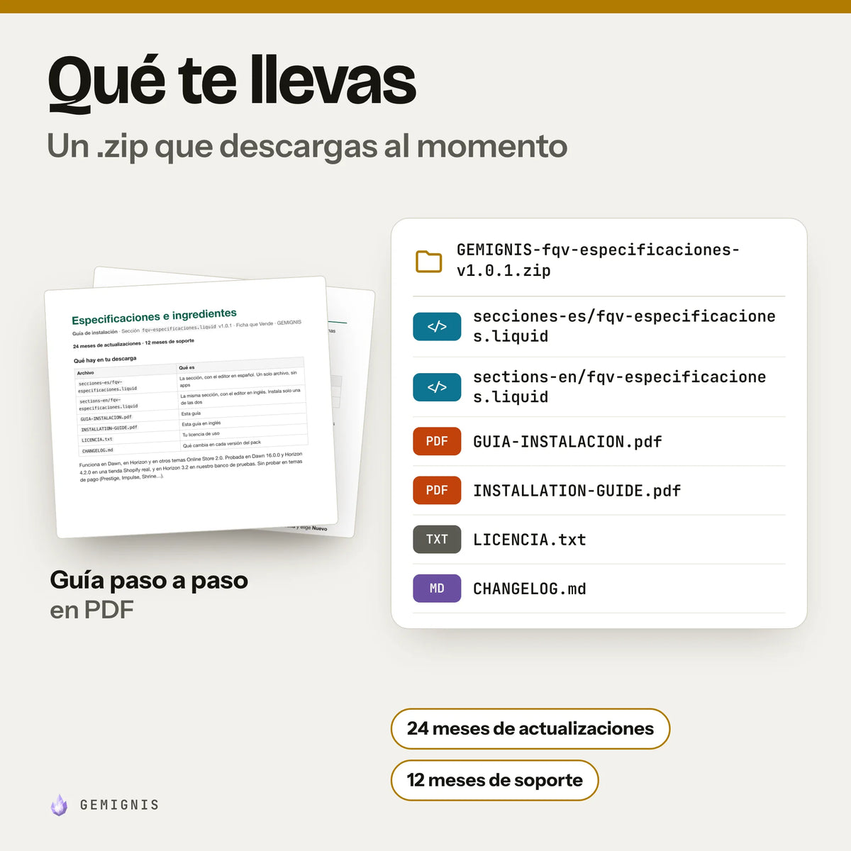 Qué te llevas con sección de especificaciones e ingredientes: un .zip que descargas al momento con secciones-es/fqv-especificaciones.liquid, sections-en/fqv-especificaciones.liquid, GUIA-INSTALACION.pdf, INSTALLATION-GUIDE.pdf, LICENCIA.txt, CHANGELOG.md; delante, la portada real de la guía de instalación en PDF. 24 meses de actualizaciones y 12 meses de soporte.
