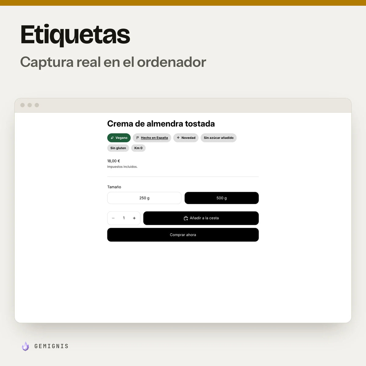 Sección de etiquetas en el ordenador: captura real en el tema Horizon a 1280 px de la página de producto con las etiquetas del producto debajo del título, con datos de ejemplo.