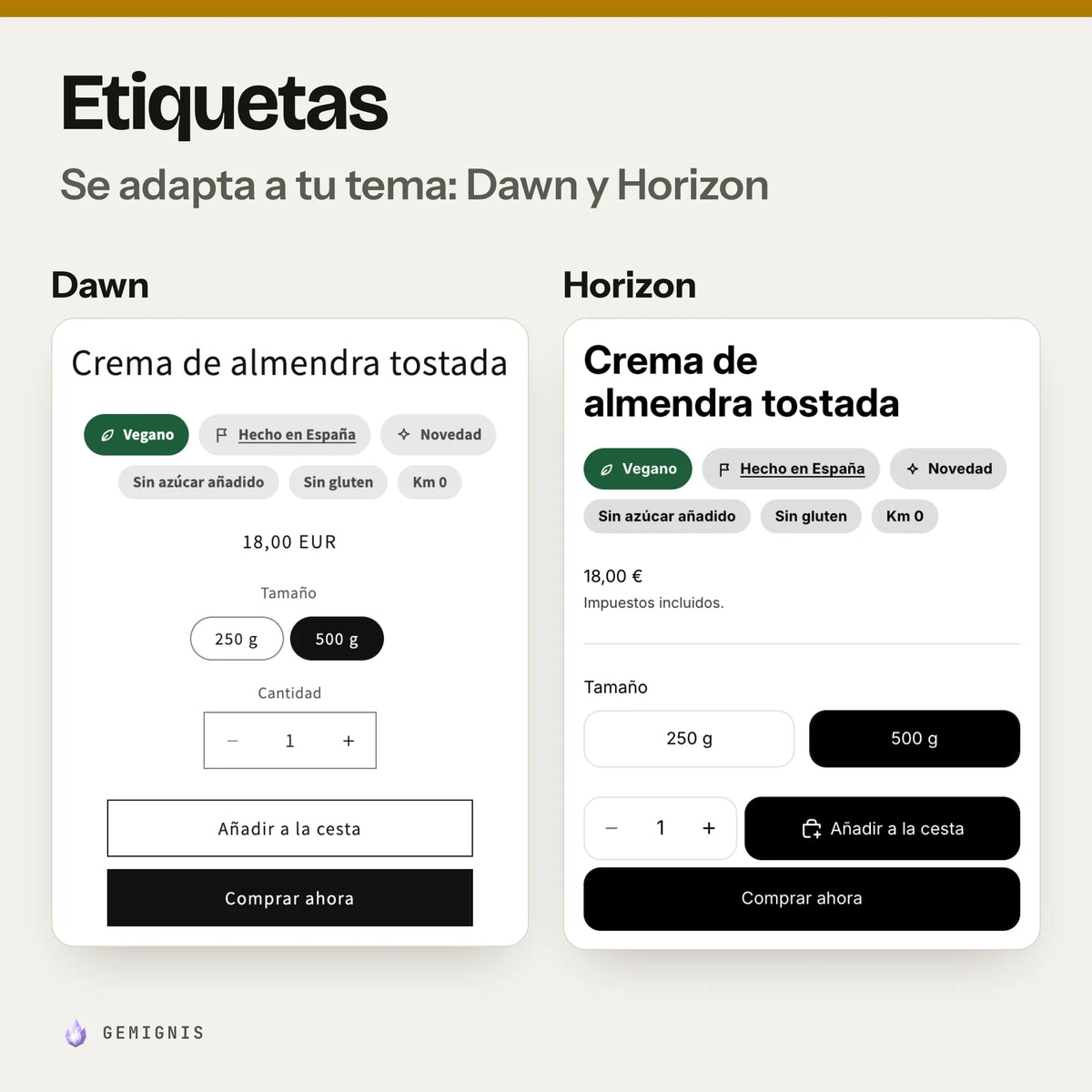 Las mismas etiquetas en los temas Dawn y Horizon, una al lado de la otra: capturas reales en móvil junto al título, que toman los colores y las letras de cada tema.