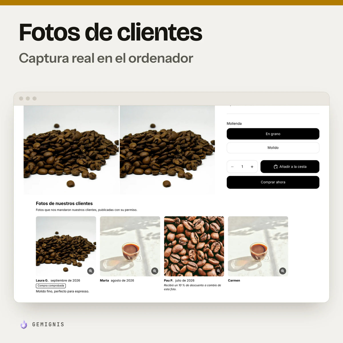 Sección «Fotos de clientes» en el ordenador: captura real en el tema Horizon a 1280 px de la página de producto con una fila de fotos de clientes con su nombre y la fecha, con datos de ejemplo.