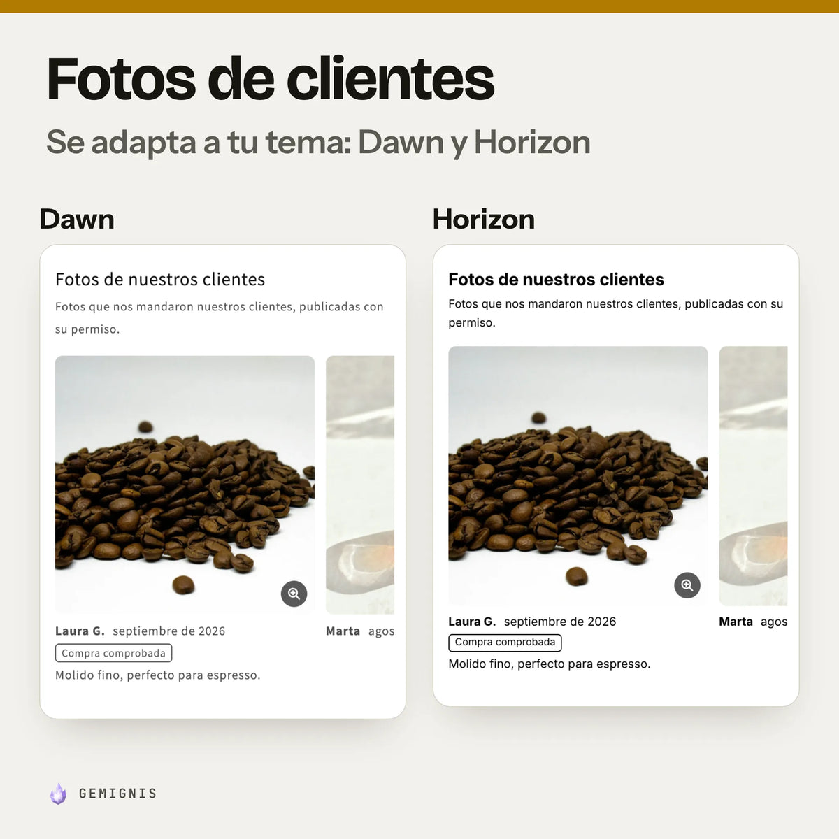 La misma fila de fotos de clientes en los temas Dawn y Horizon, una al lado de la otra: capturas reales en móvil que muestran cómo toma los colores y las letras de cada tema.
