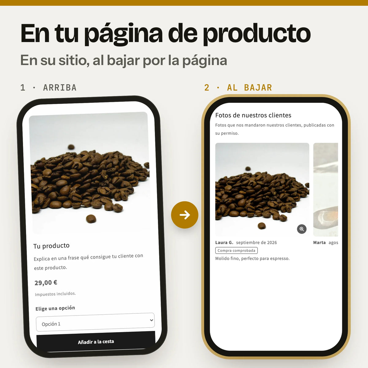 Sección de fotos de clientes en una página de producto, en el móvil: a la izquierda, la parte de arriba con la foto, el precio y el botón de compra (captura real de la Cabecera en Dawn, con foto y textos de ejemplo); a la derecha, al bajar, la sección fotos de clientes (captura real en Dawn, con textos de ejemplo).