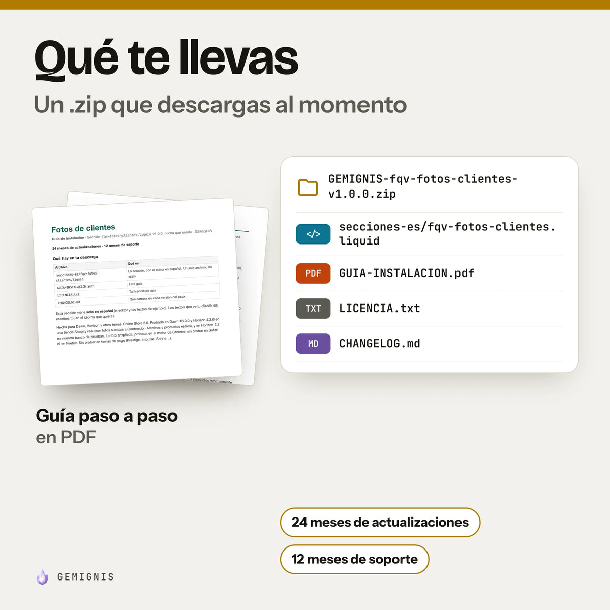Qué te llevas con sección de fotos de clientes: un .zip que descargas al momento con secciones-es/fqv-fotos-clientes.liquid, GUIA-INSTALACION.pdf, LICENCIA.txt, CHANGELOG.md; delante, la portada real de la guía de instalación en PDF. 24 meses de actualizaciones y 12 meses de soporte.