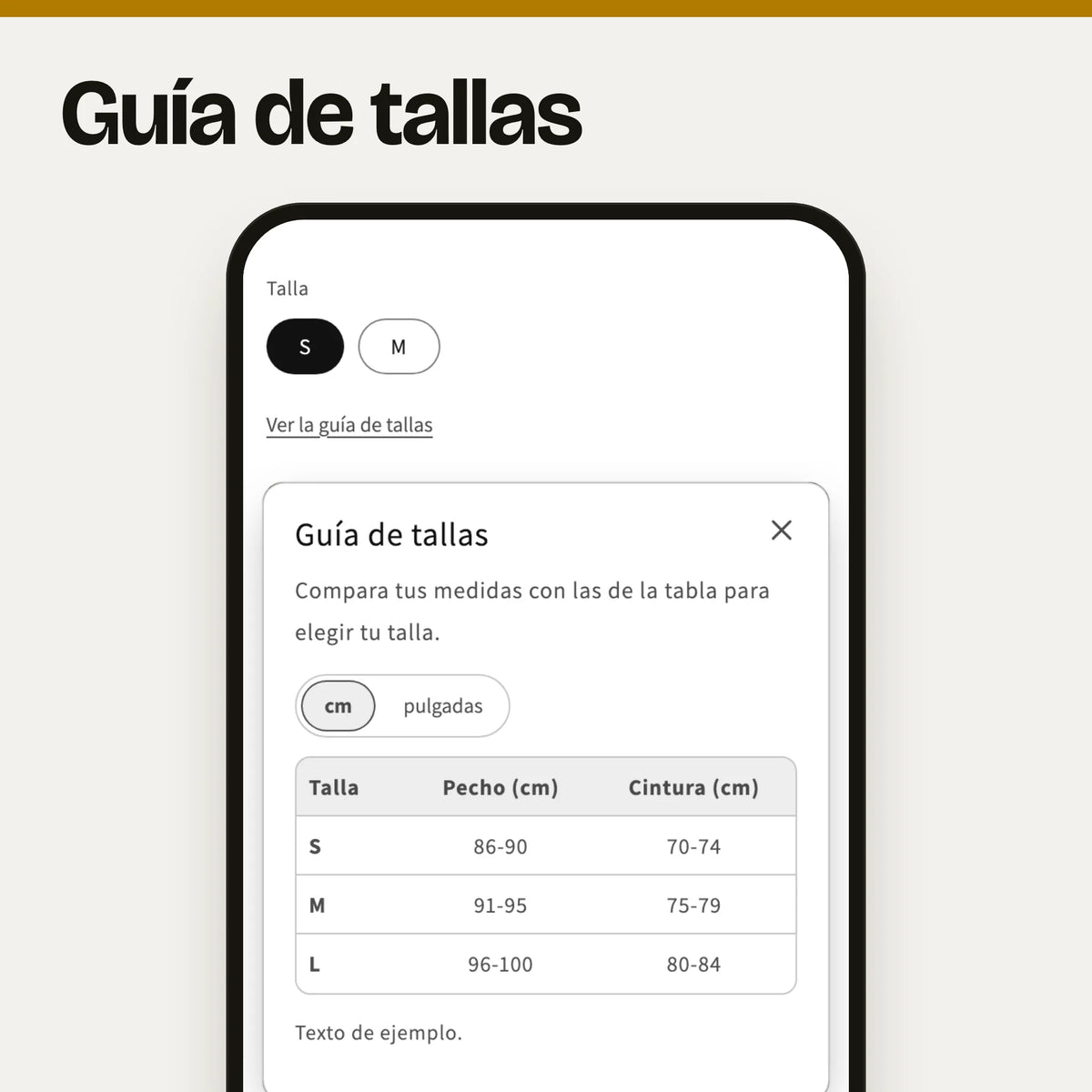 Sección de guía de tallas en un móvil: captura real en el tema Dawn del enlace «Ver la guía de tallas» debajo del selector de talla y de la tabla de medidas que abre (talla, pecho y cintura en cm, con cambio a pulgadas), con datos de ejemplo.