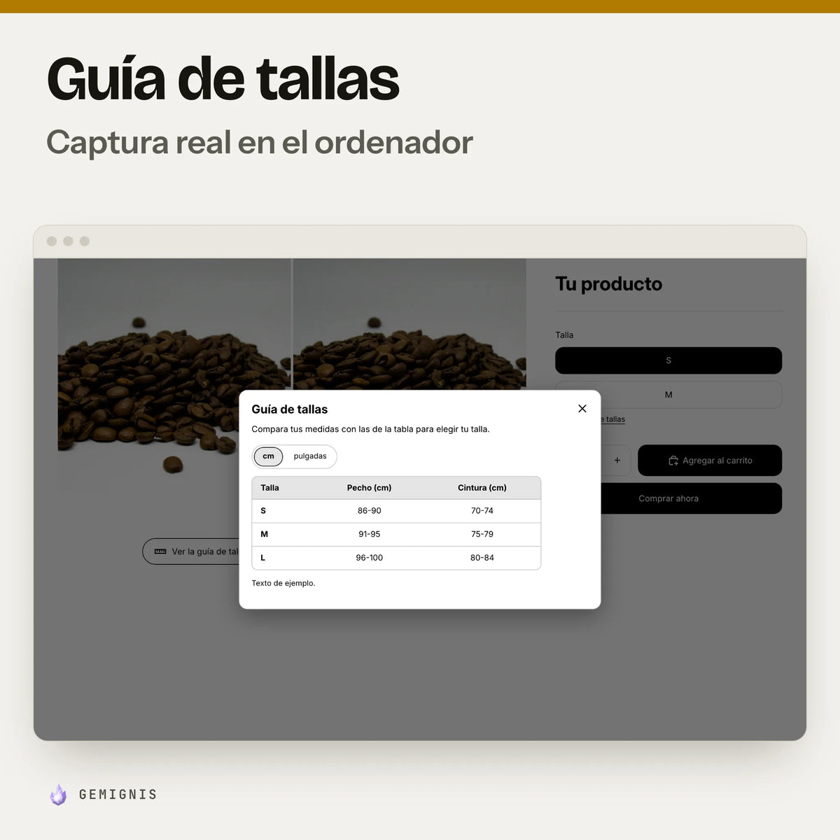 Sección de guía de tallas en el ordenador: captura real en el tema Horizon a 1280 px con la tabla de medidas abierta encima de la página de producto, con datos de ejemplo.
