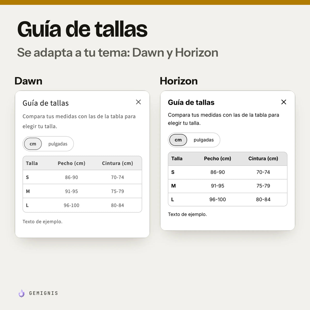 La misma guía de tallas en los temas Dawn y Horizon, una al lado de la otra: capturas reales en móvil de la tabla de medidas, que toma los colores y las letras de cada tema.