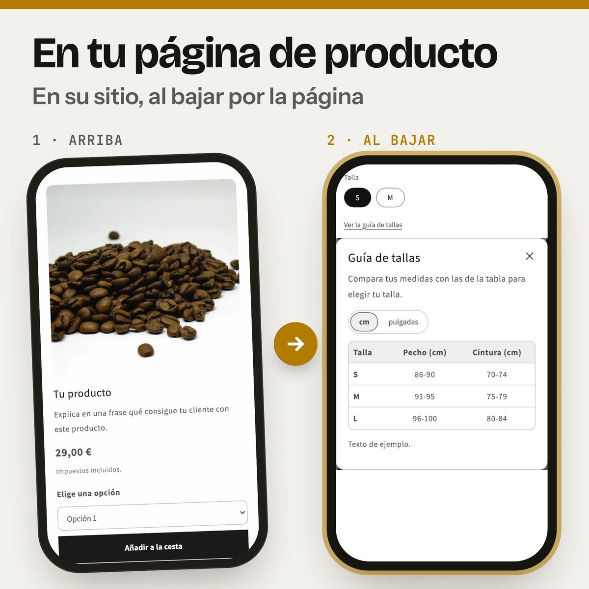 Sección de guía de tallas en una página de producto, en el móvil: a la izquierda, la parte de arriba con la foto, el precio y el botón de compra (captura real de la Cabecera en Dawn, con foto y textos de ejemplo); a la derecha, al bajar, la sección guía de tallas (captura real en Dawn, con textos de ejemplo).