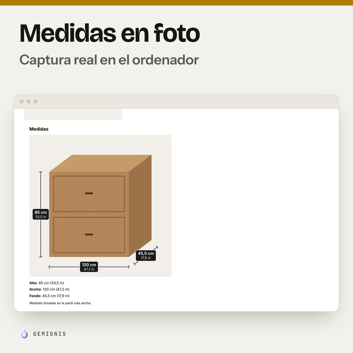 Sección «Medidas» en el ordenador: captura real en el tema Horizon a 1280 px de la página de producto con la foto de una cómoda con sus medidas dibujadas encima y la lista de medidas, con datos de ejemplo.