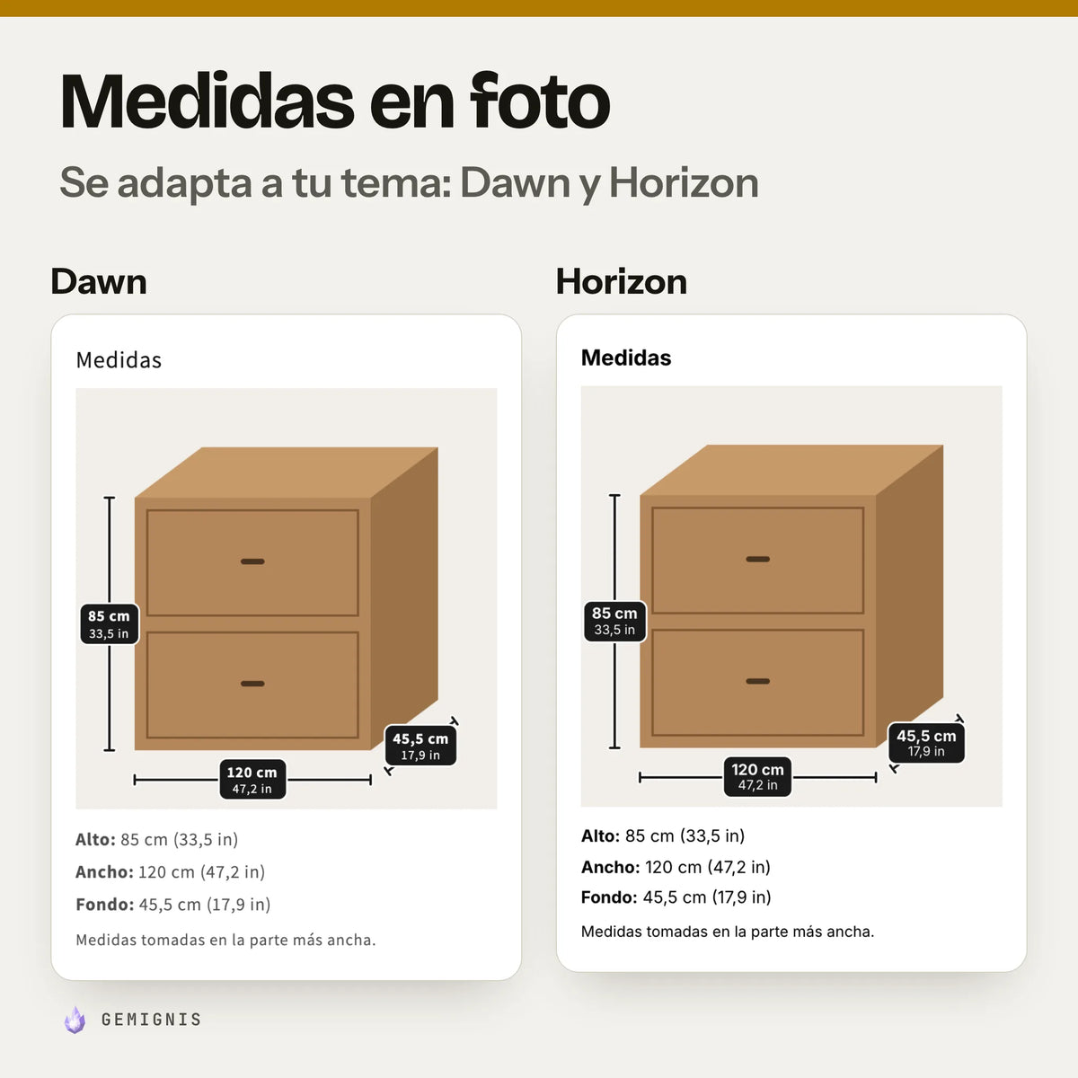 La misma foto con medidas en los temas Dawn y Horizon, una al lado de la otra: capturas reales en móvil que muestran cómo toma las letras de cada tema.
