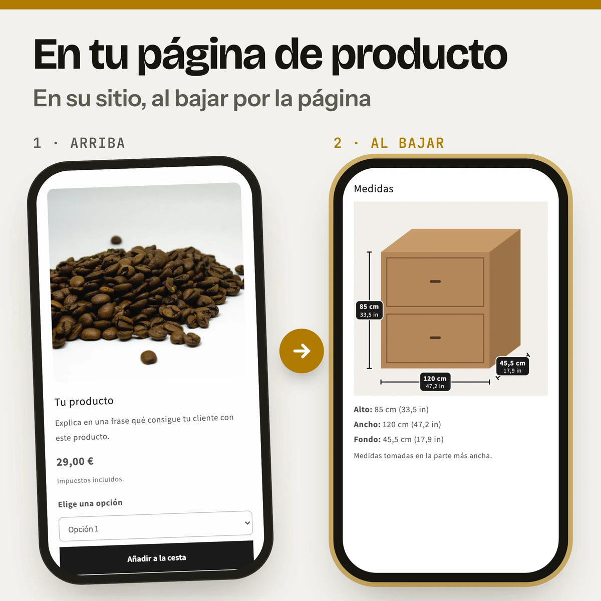 Sección de medidas en foto en una página de producto, en el móvil: a la izquierda, la parte de arriba con la foto, el precio y el botón de compra (captura real de la Cabecera en Dawn, con foto y textos de ejemplo); a la derecha, al bajar, la sección medidas en foto (captura real en Dawn, con textos de ejemplo).