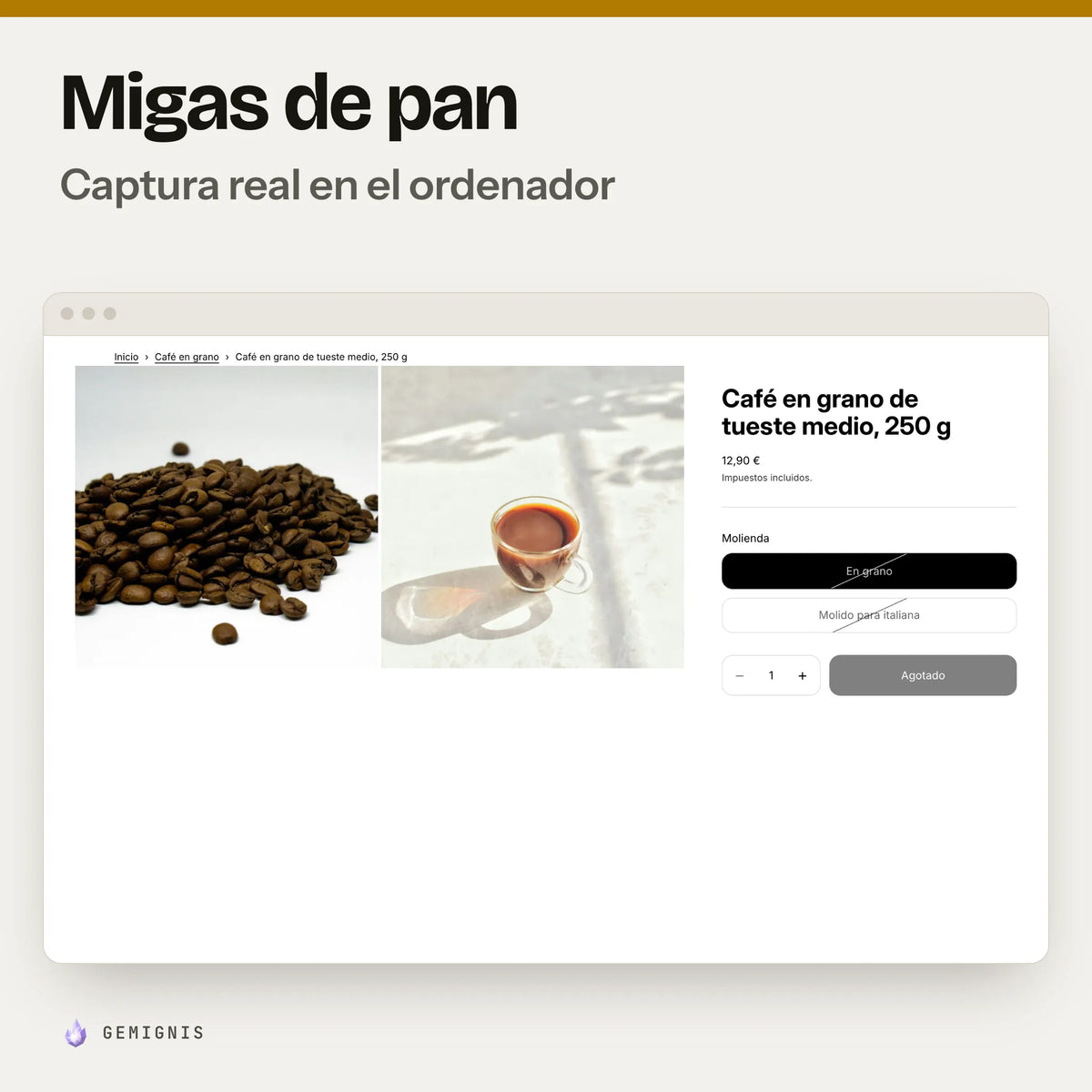 Sección «Migas de pan» en el ordenador: captura real en el tema Horizon a 1280 px de la página de producto con la ruta Inicio › colección › producto encima de la foto y el título, con datos de ejemplo.