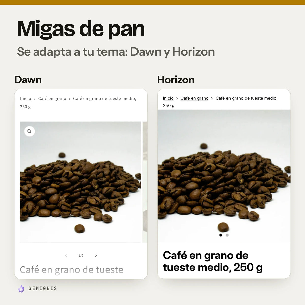 Las mismas migas de pan en los temas Dawn y Horizon, una al lado de la otra: capturas reales en móvil que muestran cómo toman los colores y las letras de cada tema.