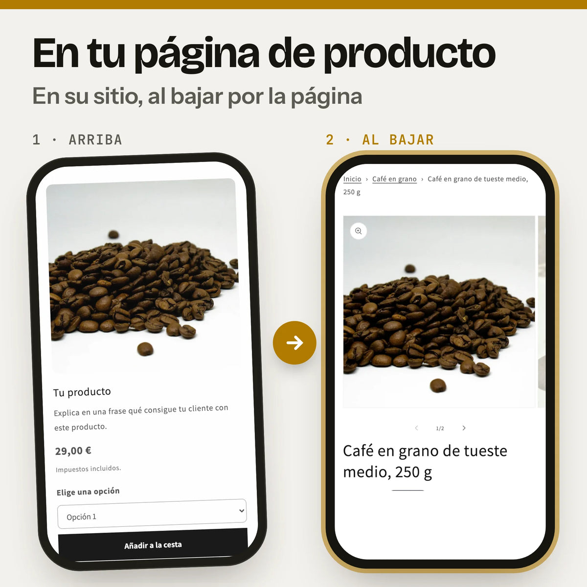 Sección de migas de pan: Inicio › Colección › Producto en una página de producto, en el móvil: a la izquierda, la parte de arriba con la foto, el precio y el botón de compra (captura real de la Cabecera en Dawn, con foto y textos de ejemplo); a la derecha, al bajar, la sección migas de pan (captura real en Dawn, con textos de ejemplo).