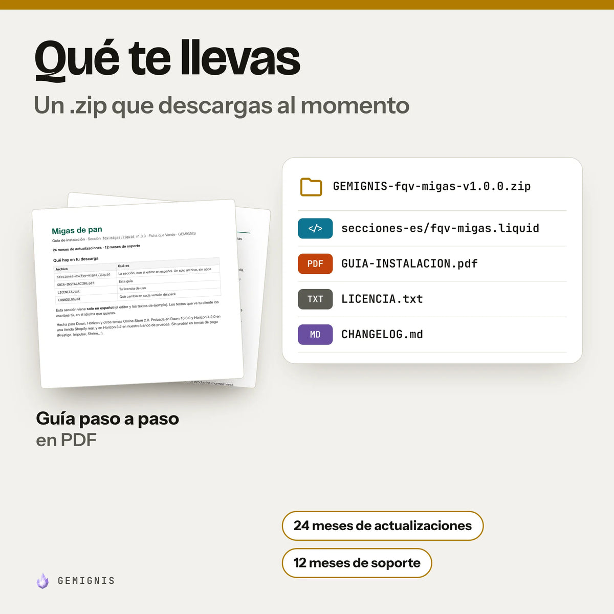 Qué te llevas con sección de migas de pan: Inicio › Colección › Producto: un .zip que descargas al momento con secciones-es/fqv-migas.liquid, GUIA-INSTALACION.pdf, LICENCIA.txt, CHANGELOG.md; delante, la portada real de la guía de instalación en PDF. 24 meses de actualizaciones y 12 meses de soporte.