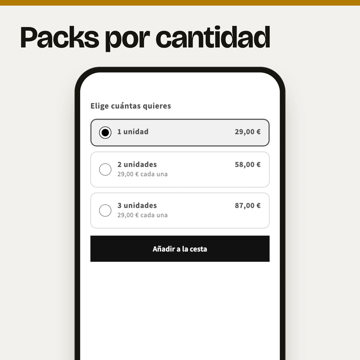 Sección de packs por cantidad vista en un móvil, sola: captura real en el tema Dawn, con foto y textos de ejemplo.