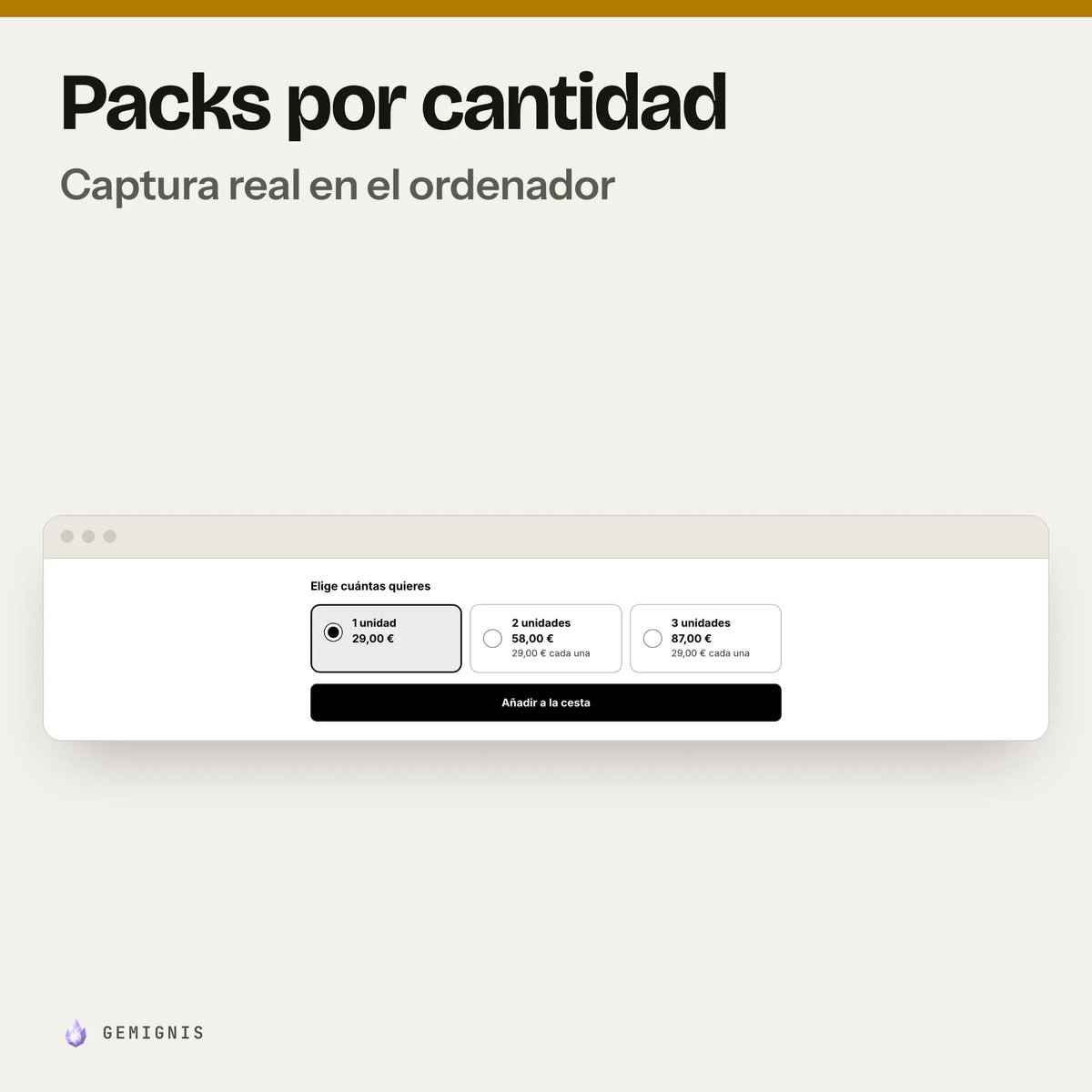 Sección de packs por cantidad en el ordenador, sola: captura real en el tema Horizon a 1280 px de ancho, con textos de ejemplo.