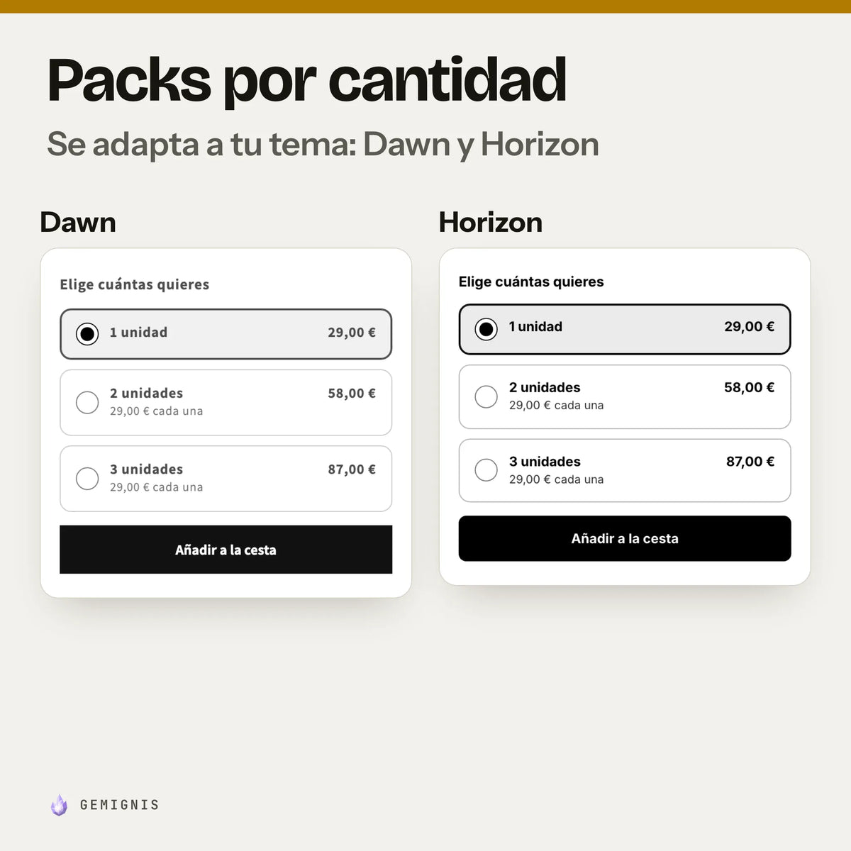 La misma sección de packs por cantidad en los temas Dawn y Horizon, una al lado de la otra: capturas reales en móvil que muestran cómo toma los colores y las letras de cada tema.