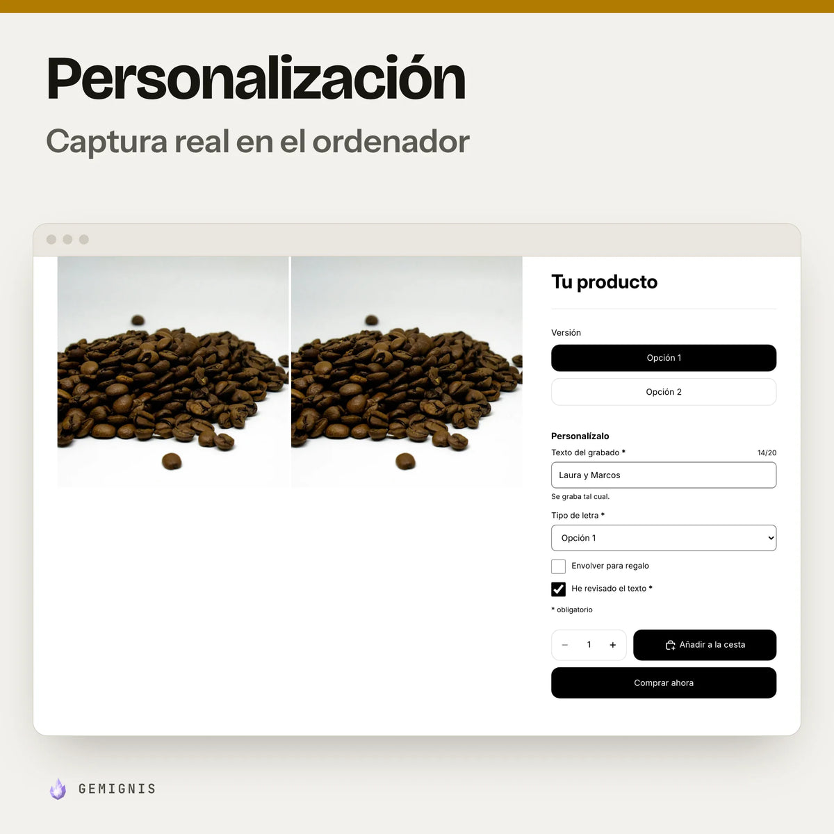 Sección de personalización del producto en el ordenador: captura real en el tema Horizon a 1280 px de la página de producto con los campos de personalización rellenos encima del botón de compra, con datos de ejemplo.