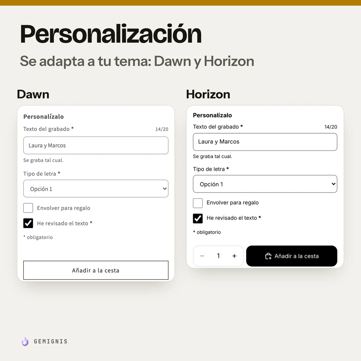 Los mismos campos de personalización en los temas Dawn y Horizon, uno al lado del otro: capturas reales en móvil que muestran cómo toman los colores y las letras de cada tema.