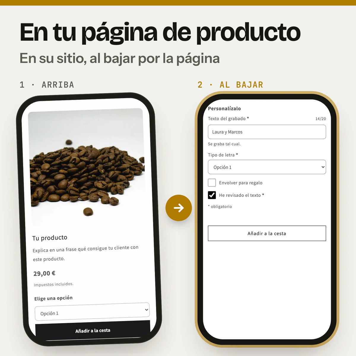 Sección de personalización del producto en una página de producto, en el móvil: a la izquierda, la parte de arriba con la foto, el precio y el botón de compra (captura real de la Cabecera en Dawn, con foto y textos de ejemplo); a la derecha, al bajar, la sección personalización (captura real en Dawn, con textos de ejemplo).