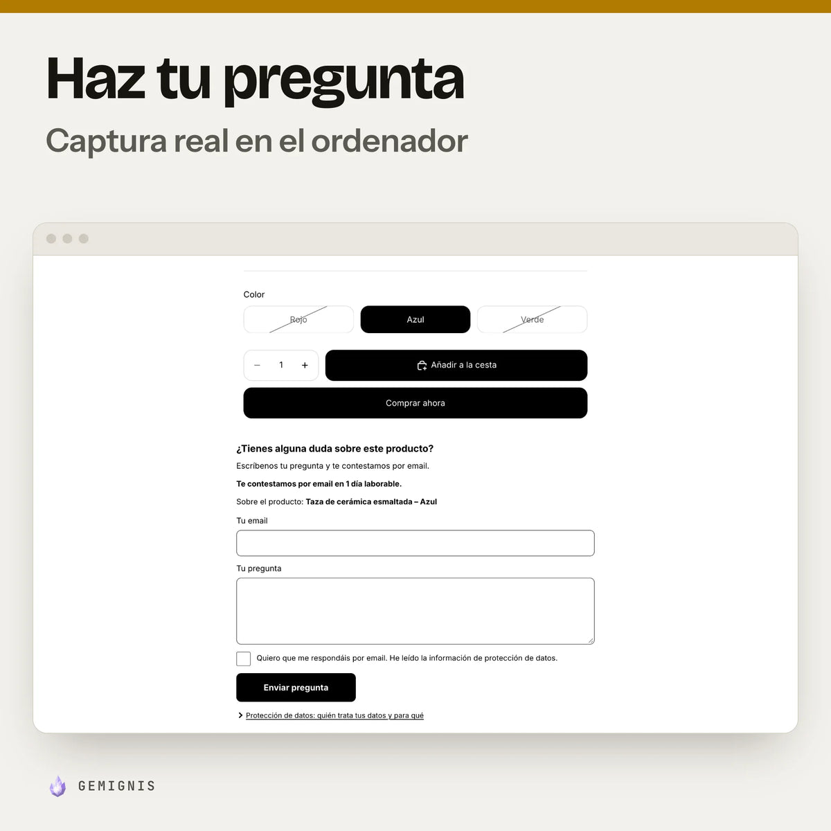 Sección «Haz tu pregunta» en el ordenador: captura real en el tema Horizon a 1280 px de la página de producto con el formulario para preguntar sobre el producto y recibir la respuesta por email, con datos de ejemplo.