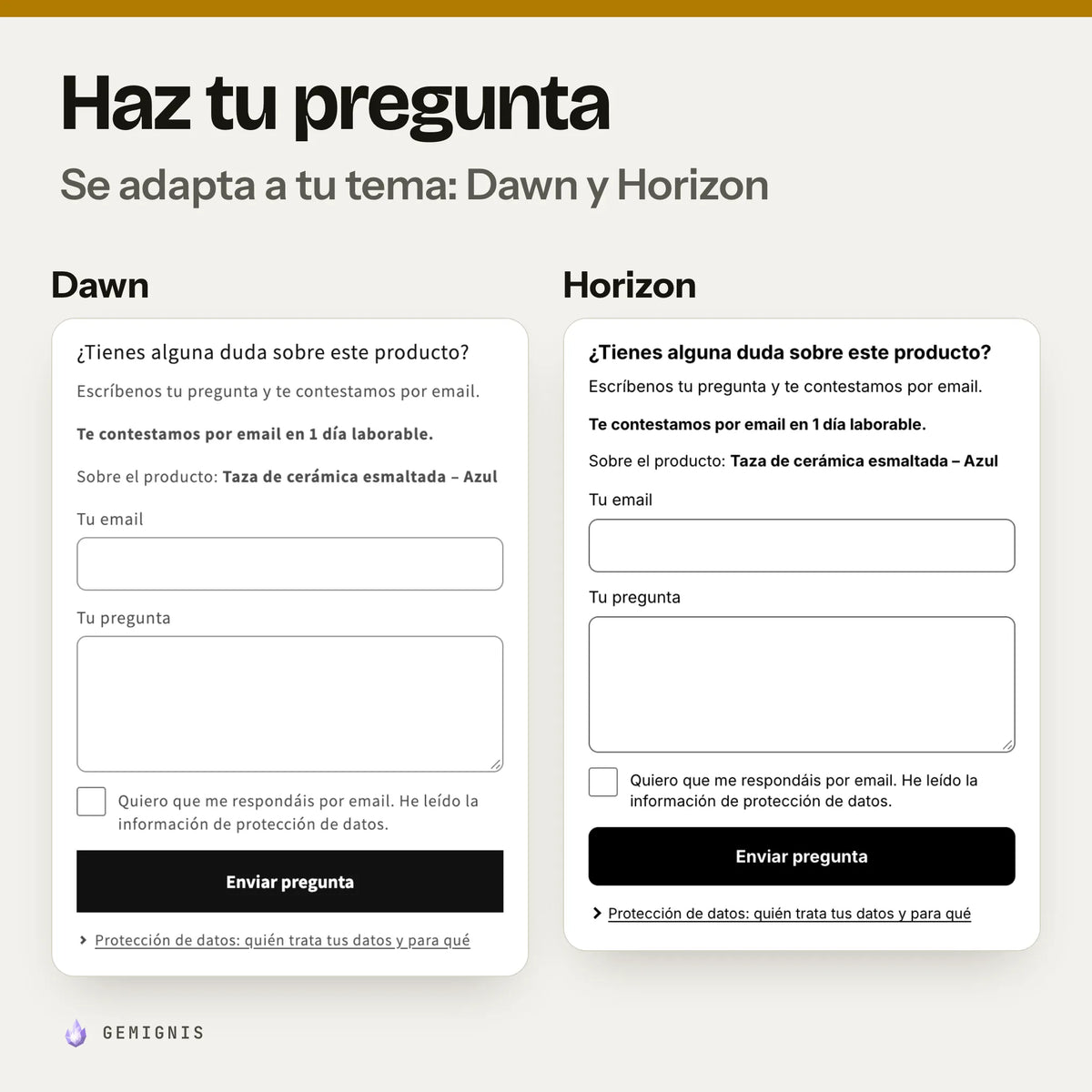 El mismo formulario para preguntar sobre el producto en los temas Dawn y Horizon, uno al lado del otro: capturas reales en móvil que muestran cómo toma los colores y las letras de cada tema.