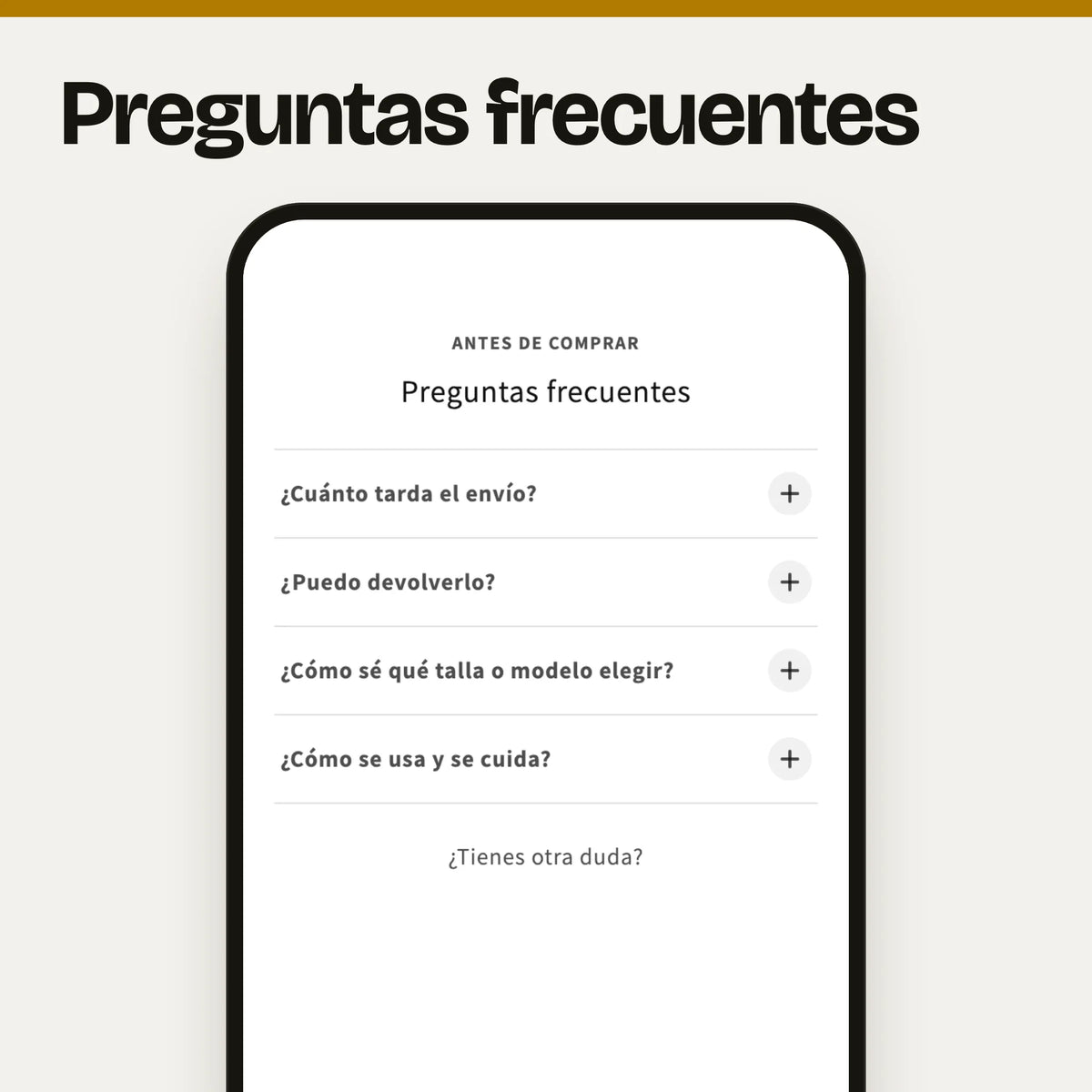 Sección de preguntas frecuentes vista en un móvil, sola: captura real en el tema Dawn, con foto y textos de ejemplo.