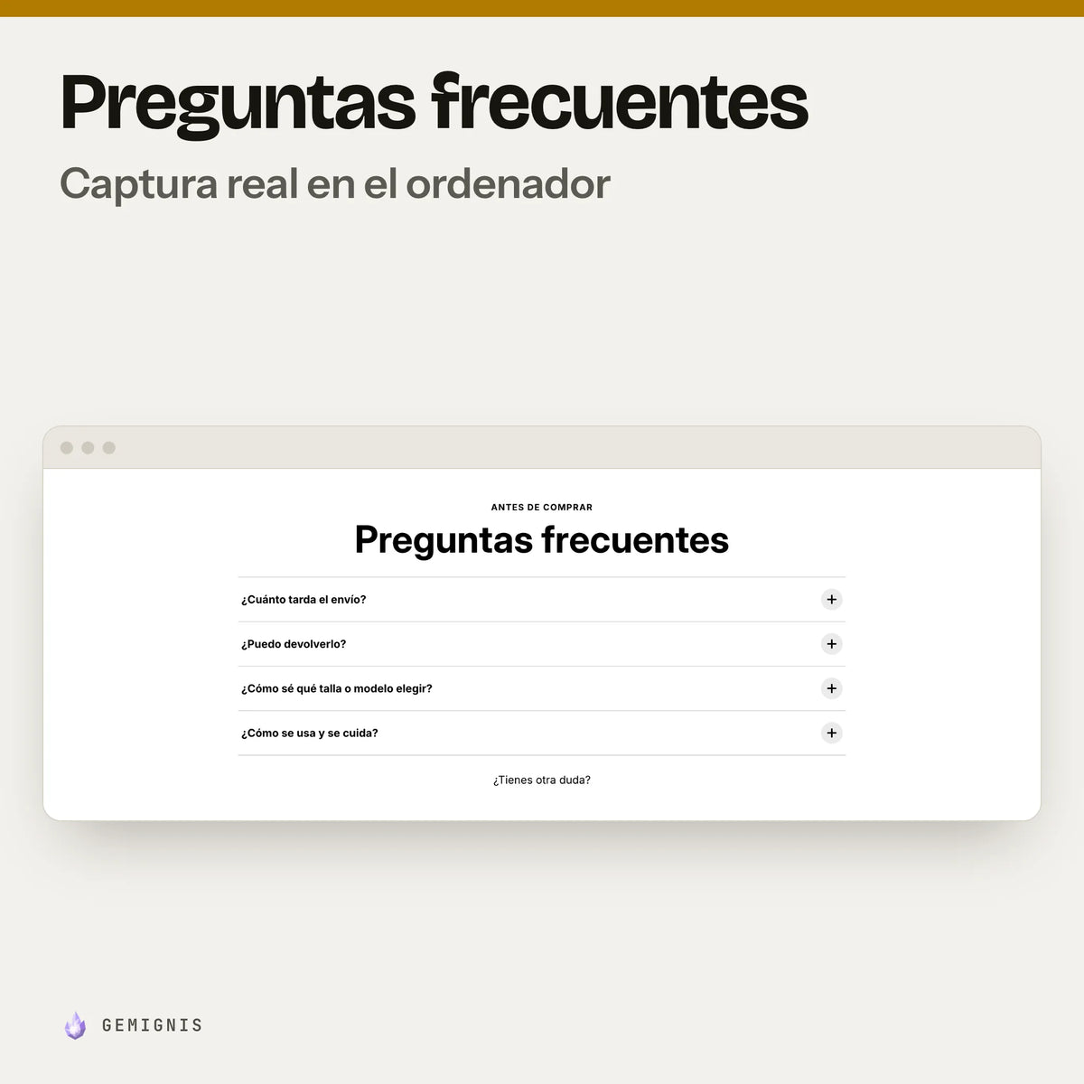 Sección de preguntas frecuentes en el ordenador, sola: captura real en el tema Horizon a 1280 px de ancho, con textos de ejemplo.