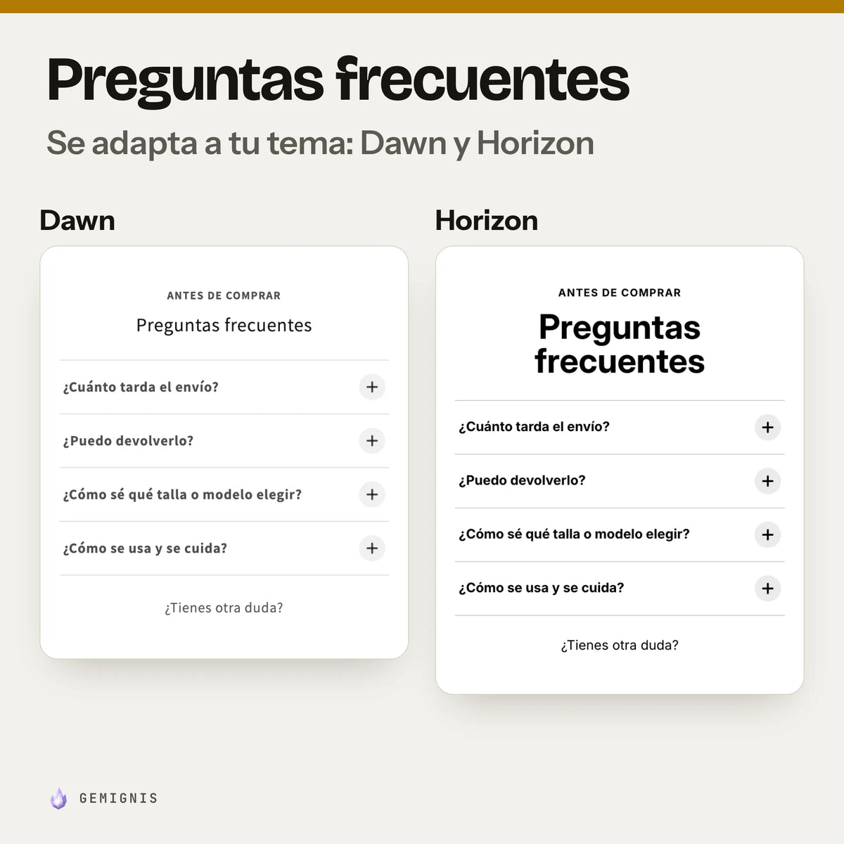 La misma sección de preguntas frecuentes en los temas Dawn y Horizon, una al lado de la otra: capturas reales en móvil que muestran cómo toma los colores y las letras de cada tema.