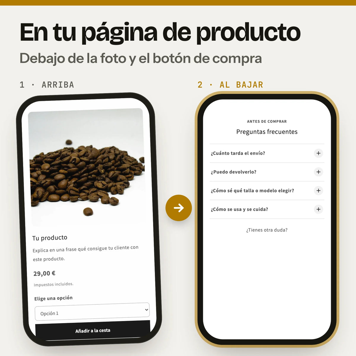 Sección de preguntas frecuentes en una página de producto, en el móvil: a la izquierda, la parte de arriba con la foto, el precio y el botón de compra (captura real de la Cabecera en Dawn, con foto y textos de ejemplo); a la derecha, al bajar, la sección preguntas frecuentes en su sitio (captura real en Dawn).