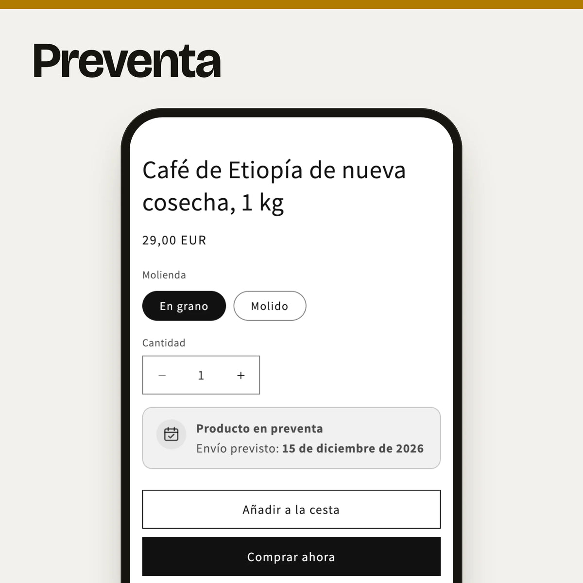 Sección de preventa en un móvil: captura real en el tema Dawn de la página de producto con el aviso «Producto en preventa · Envío previsto: 15 de diciembre de 2026» junto al botón «Añadir a la cesta», con datos de ejemplo.