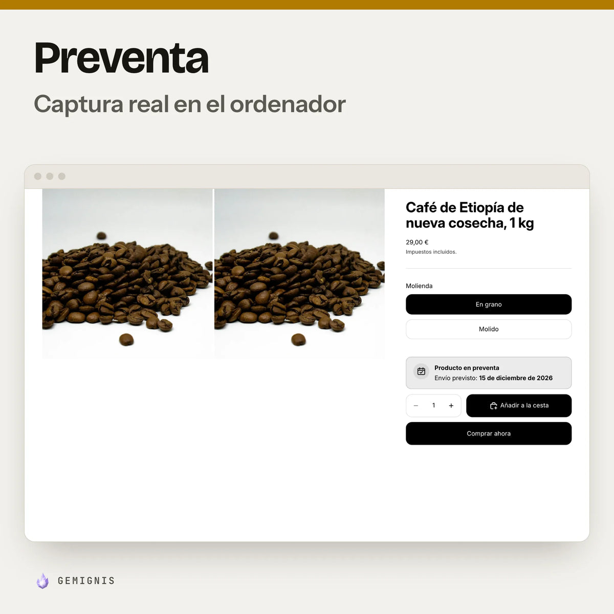 Sección de preventa en el ordenador: captura real en el tema Horizon a 1280 px de la página de producto con el aviso de preventa y la fecha prevista de envío encima del botón de compra, con datos de ejemplo.
