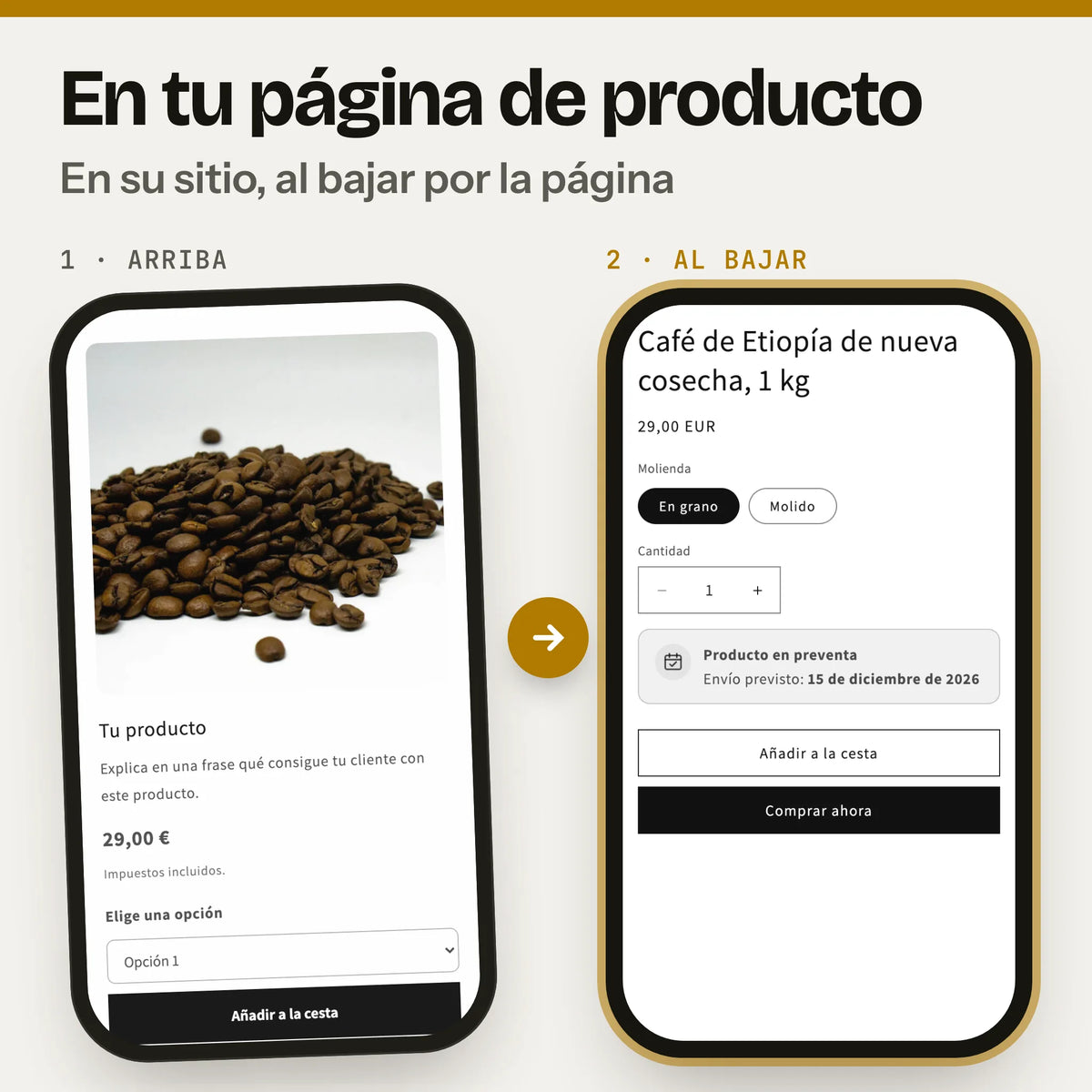 Sección de preventa en una página de producto, en el móvil: a la izquierda, la parte de arriba con la foto, el precio y el botón de compra (captura real de la Cabecera en Dawn, con foto y textos de ejemplo); a la derecha, al bajar, la sección preventa (captura real en Dawn, con textos de ejemplo).