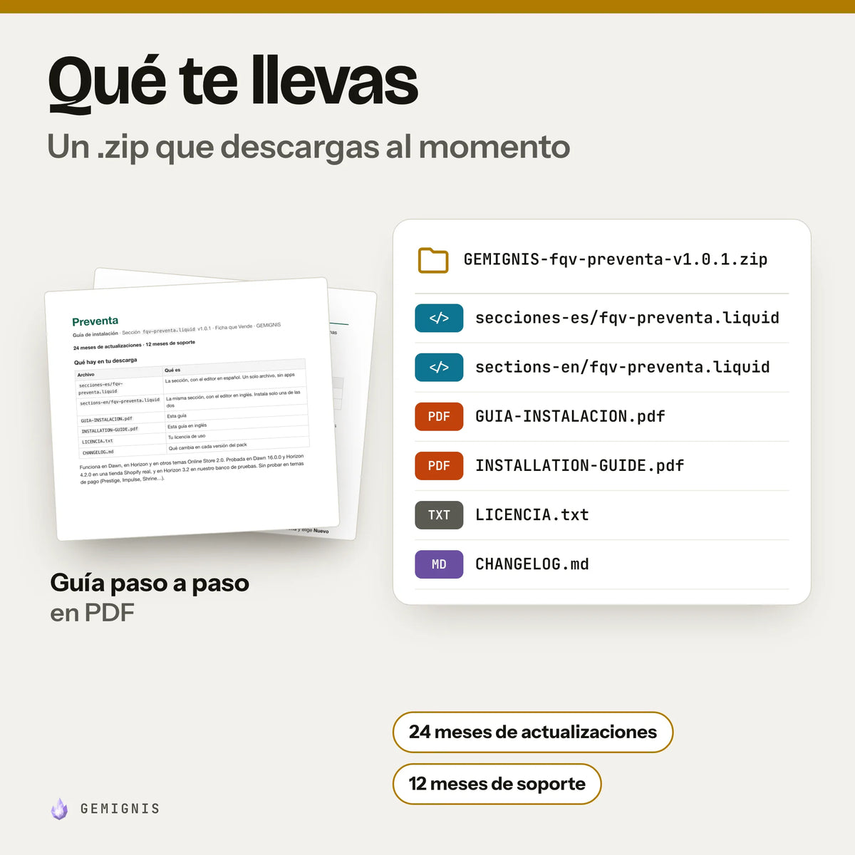 Qué te llevas con sección de preventa: un .zip que descargas al momento con secciones-es/fqv-preventa.liquid, sections-en/fqv-preventa.liquid, GUIA-INSTALACION.pdf, INSTALLATION-GUIDE.pdf, LICENCIA.txt, CHANGELOG.md; delante, la portada real de la guía de instalación en PDF. 24 meses de actualizaciones y 12 meses de soporte.