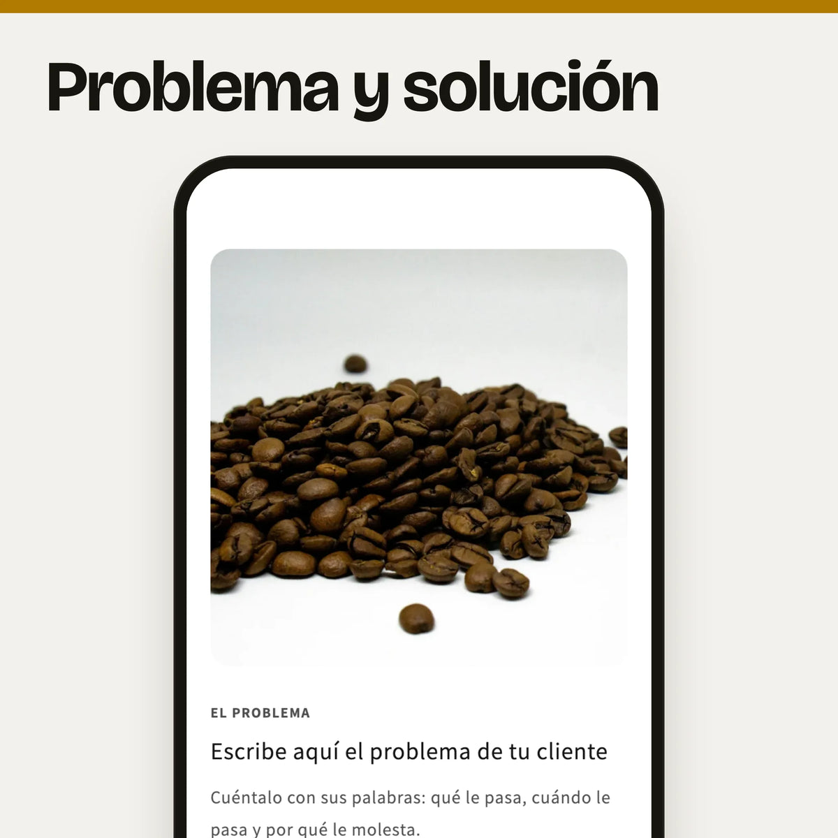 Sección problema y solución vista en un móvil, sola: captura real en el tema Dawn, con foto y textos de ejemplo.