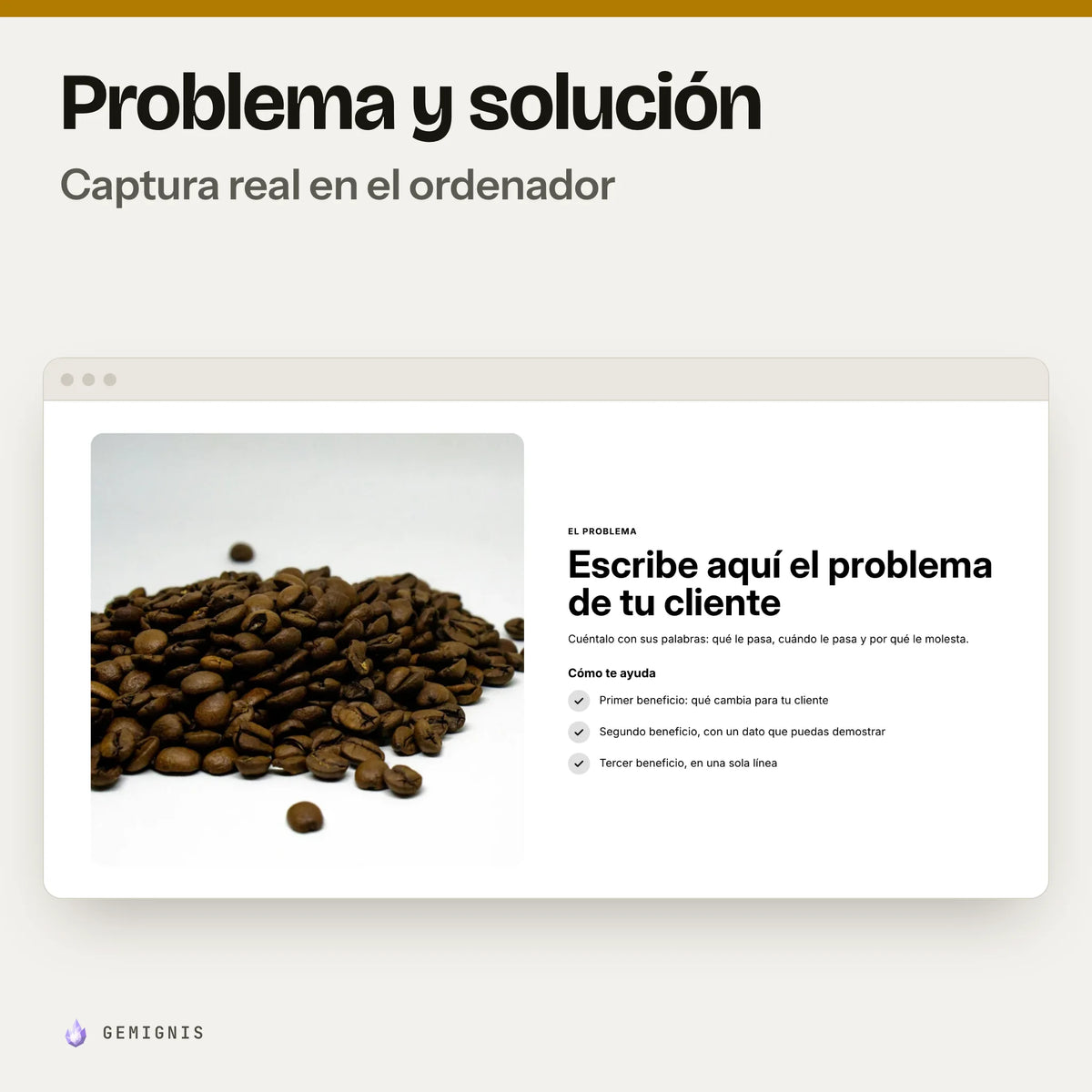 Sección problema y solución en el ordenador, sola: captura real en el tema Horizon a 1280 px de ancho, con textos de ejemplo.