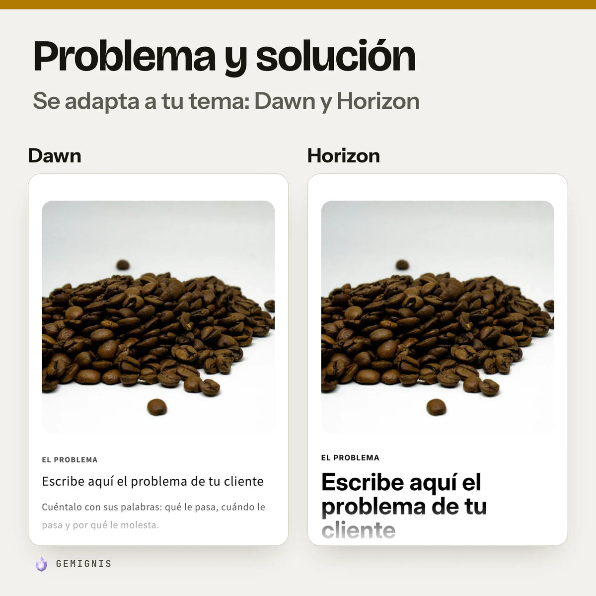 La misma sección problema y solución en los temas Dawn y Horizon, una al lado de la otra: capturas reales en móvil que muestran cómo toma los colores y las letras de cada tema.