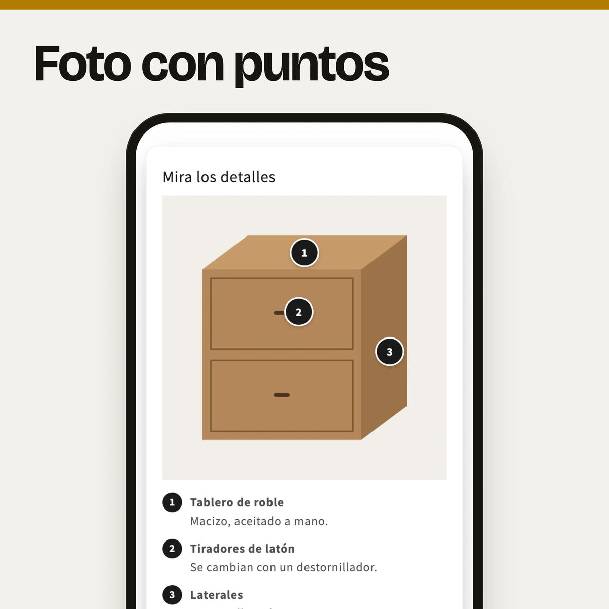 Sección «Foto con puntos» en un móvil: captura real en el tema Dawn de la página de producto con la foto de una cómoda con tres puntos numerados (tablero, tiradores y laterales) y debajo la lista con lo que explica cada punto, con datos de ejemplo.