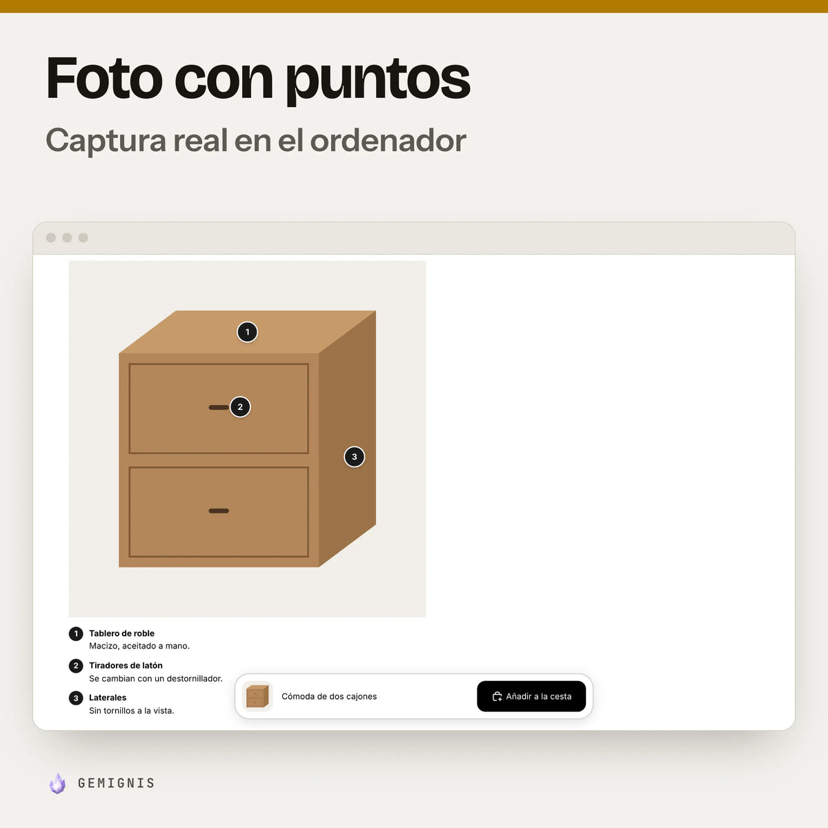 Sección «Foto con puntos» en el ordenador: captura real en el tema Horizon a 1280 px de la página de producto con la foto de una cómoda con puntos numerados y la lista de detalles, con datos de ejemplo.