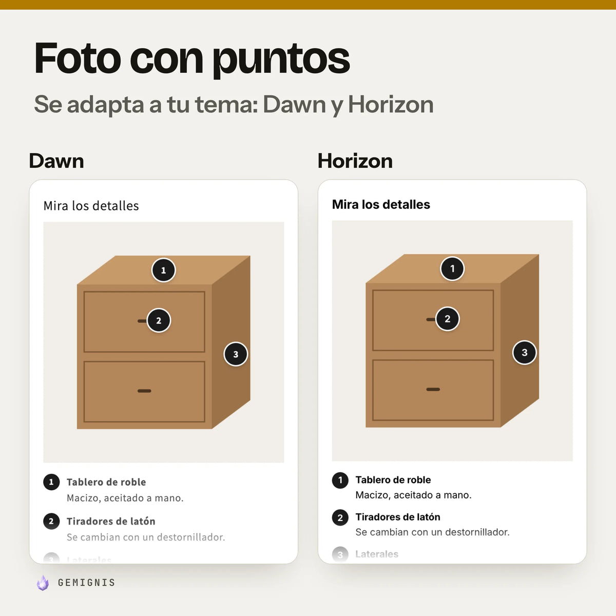 La misma foto con puntos en los temas Dawn y Horizon, una al lado de la otra: capturas reales en móvil que muestran cómo toma las letras de cada tema.